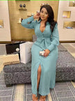 V-neck maxi dress with waist tie and thigh slit, soft blue