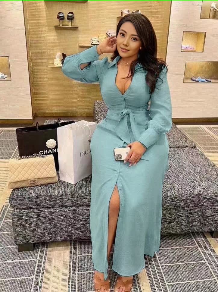 V-neck maxi dress with waist tie and thigh slit, soft blue