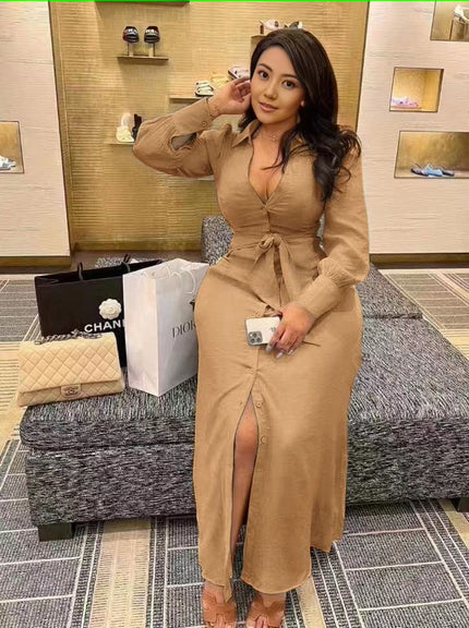 Long-Sleeve V-Neck Dress with Waist Tie Detail, Button Front, and High Slit Design