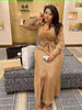 V-neck maxi dress with waist tie and thigh slit, tan