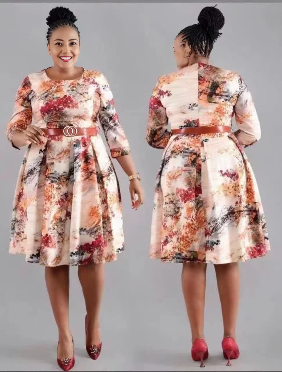 Floral midi dress with belted waist, 3/4 sleeves, round neck, cream base with red-orange print