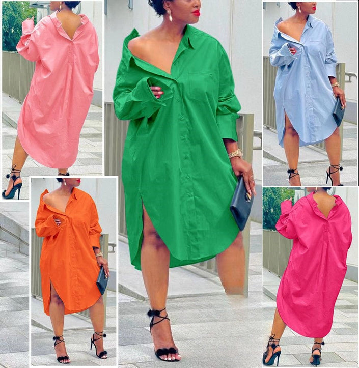 Oversized shirt dress shown in multiple colors, long sleeves, V-neck, button front