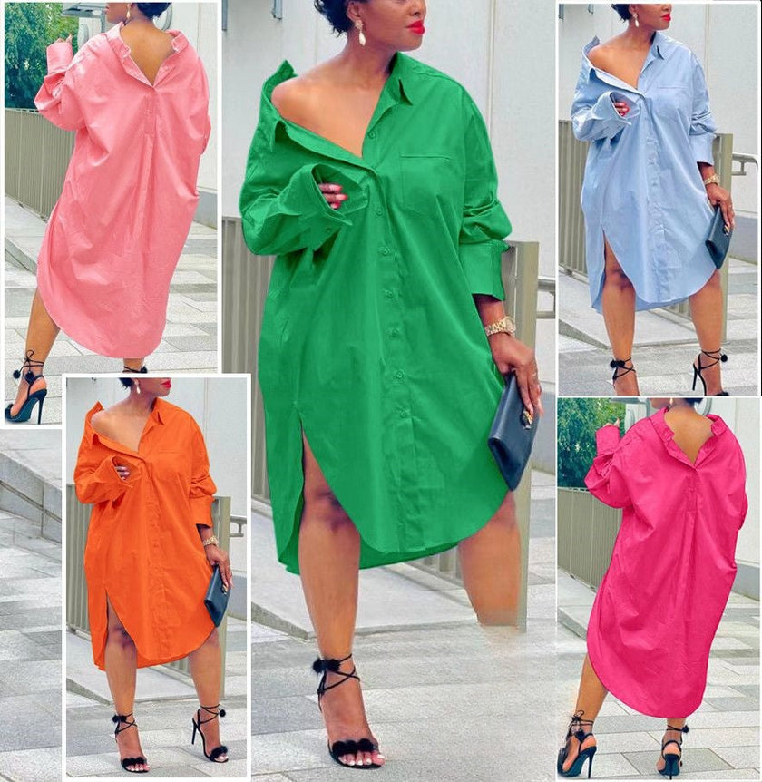 Oversized shirt dress with V-neck, long sleeves, and button-front placket