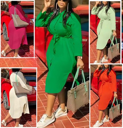 Belted midi dress with tie-waist, long sleeves, green stretch jersey