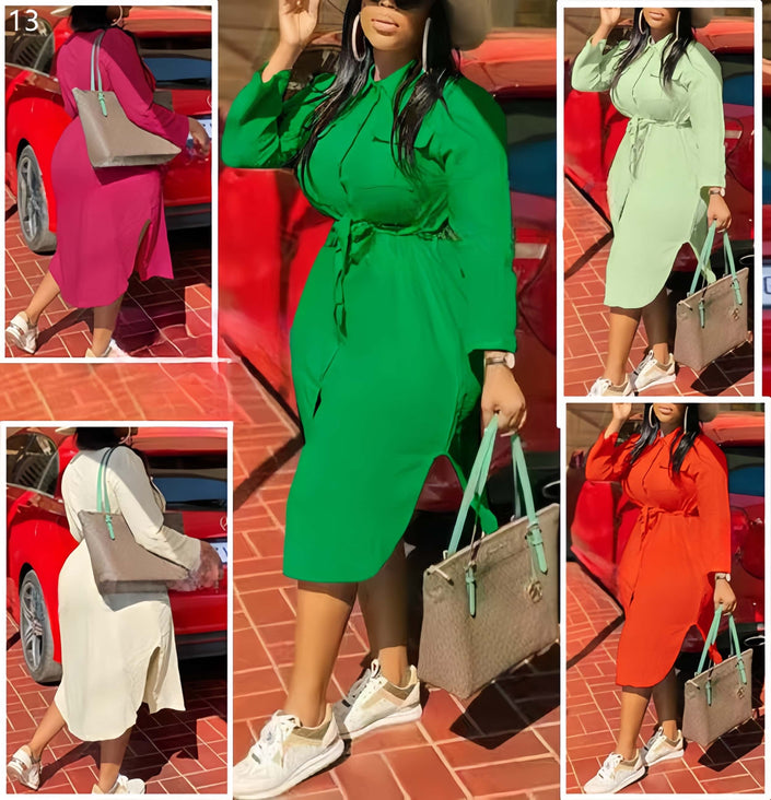 Belted midi dress with tie-waist, long sleeves, green stretch jersey