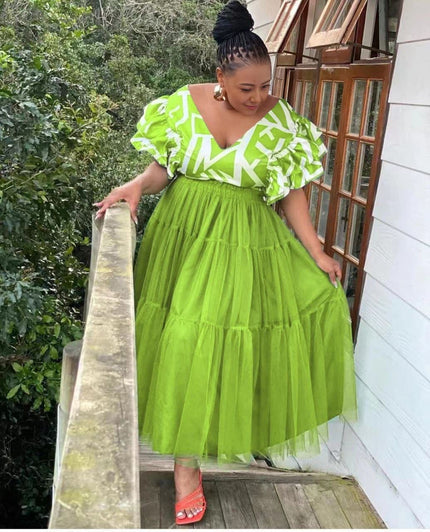 Dress Square Neck Tiered Puff Sleeve Maxi Tulle Chic