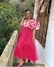 Square Neckline Tiered Puff Sleeve Maxi Dress with Tulle Overlay