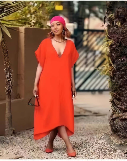 Asymmetrical V-neck midi dress, orange-red with short sleeves