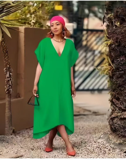 Asymmetrical V-neck midi dress, lime-green with short sleeves