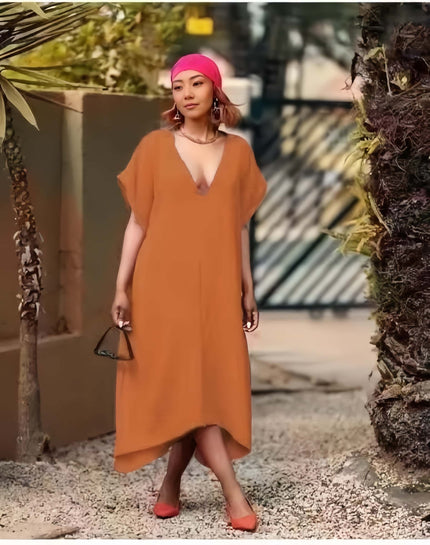 Asymmetrical V-neck midi dress, brown with short sleeves