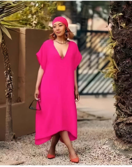 Asymmetrical V-neck midi dress, deep-pink with short sleeves