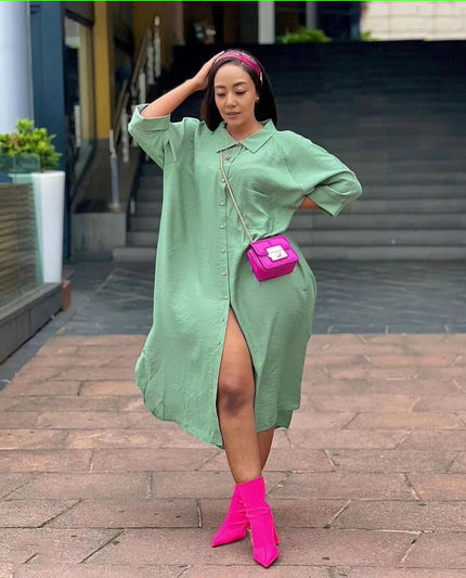 Mint green hooded midi shirt dress with front buttons and side slit, oversized fit