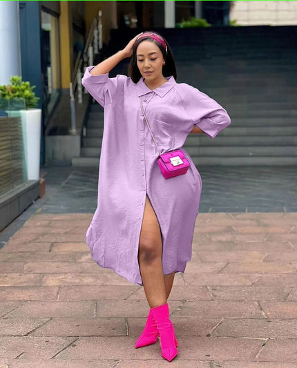 Light purple hooded midi shirt dress with front buttons and side slit, oversized fit