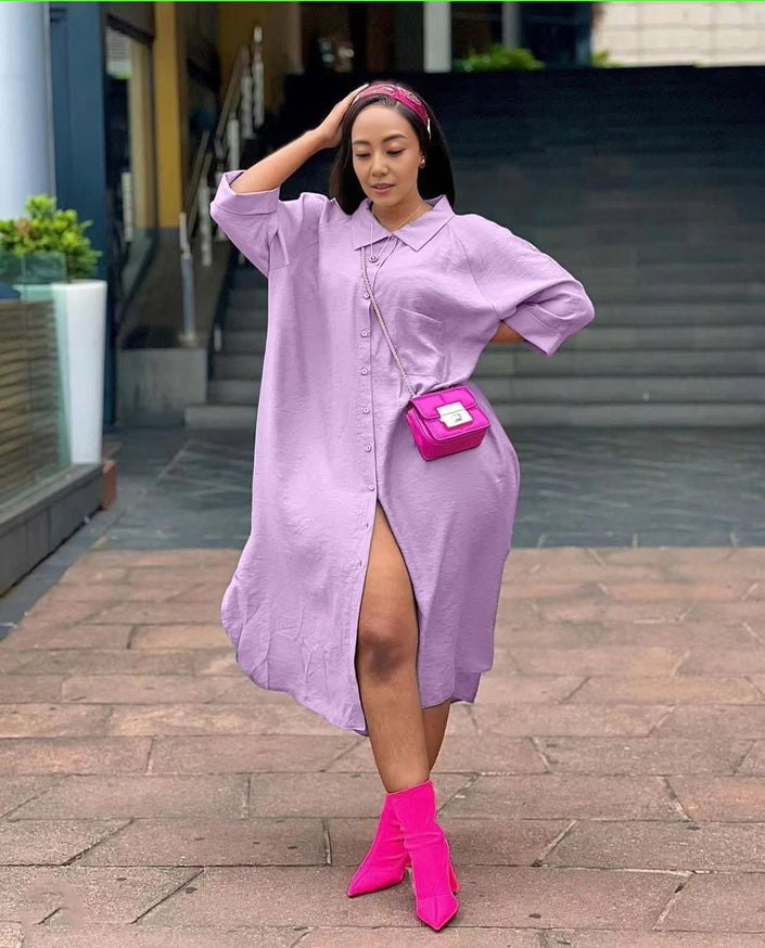 Light purple hooded midi shirt dress with front buttons and side slit, oversized fit