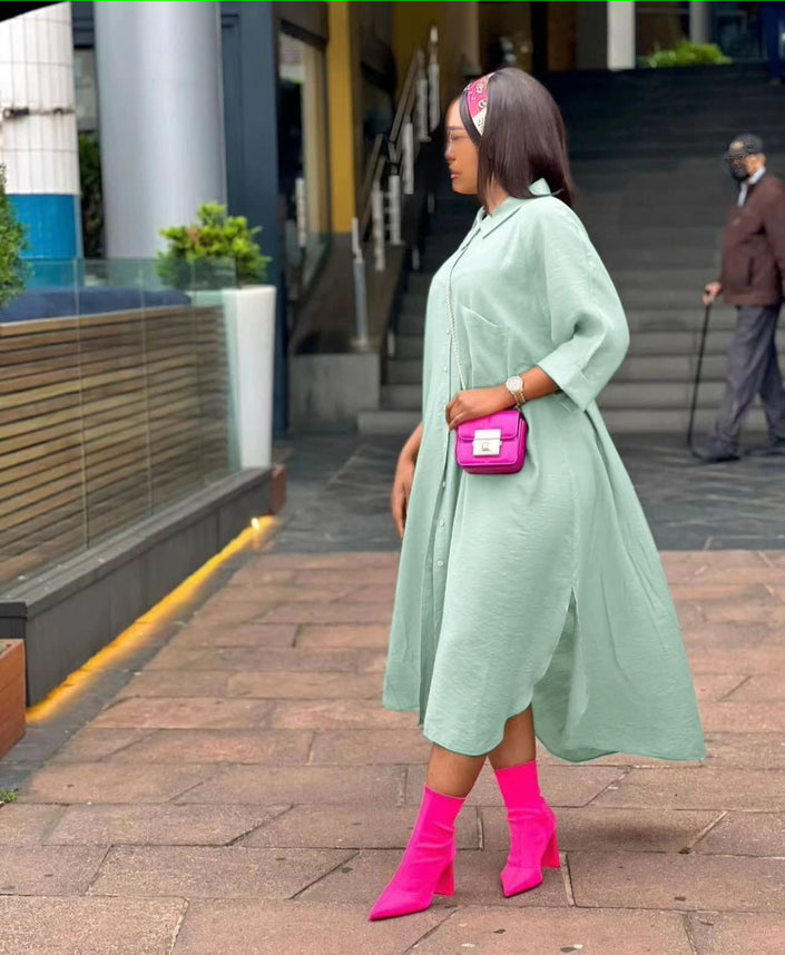 Seafoam green hooded midi shirt dress with front buttons and side slit, oversized fit
