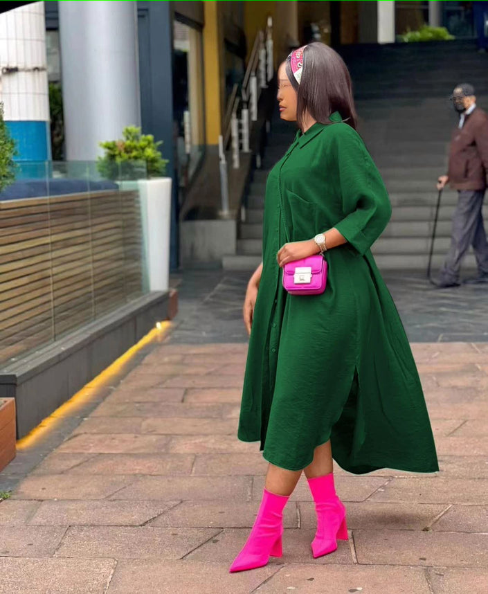 Dark green hooded midi shirt dress with front buttons and side slit, oversized fit