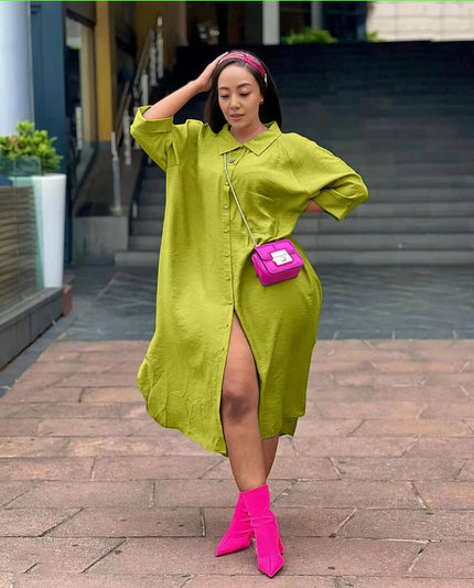 Green-yellow hooded midi shirt dress with front buttons and side slit, oversized fit