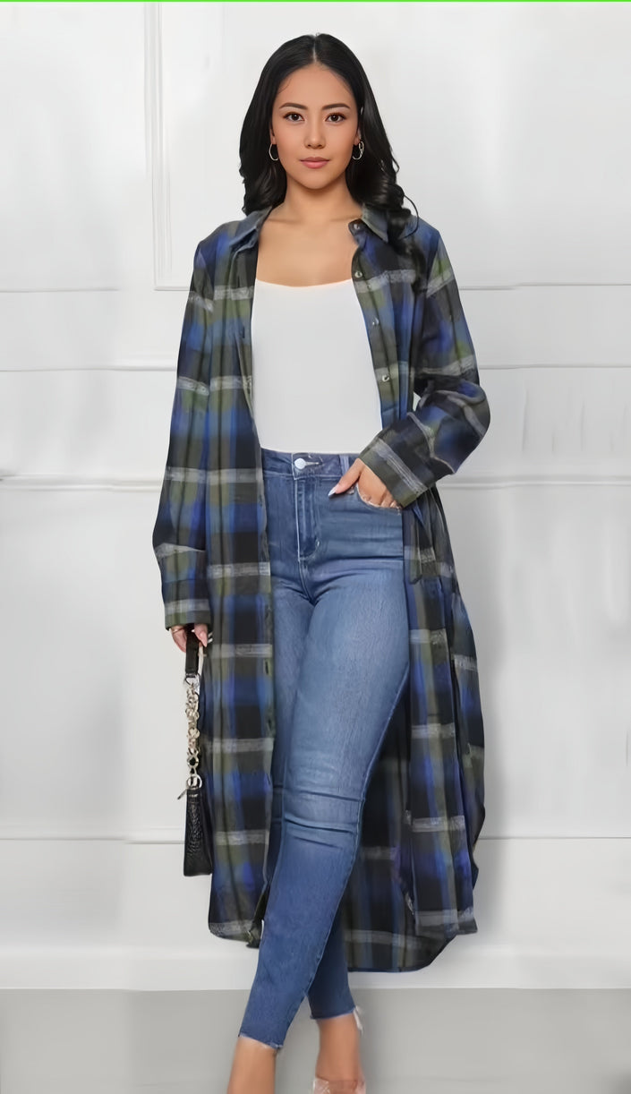 Plaid shirt dress with long sleeves and knee-length hem, blue-green check, open front