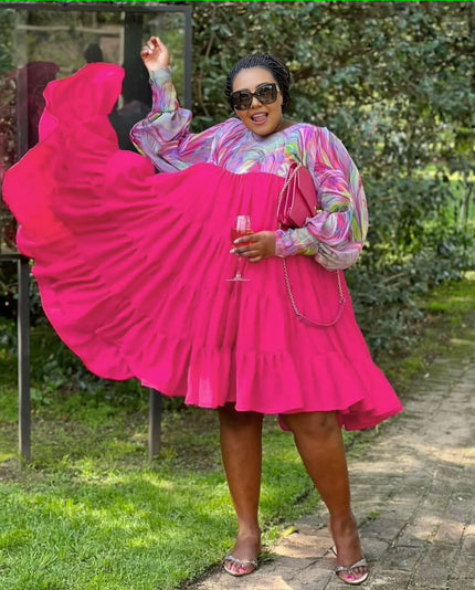 Deep-pink plus size bishop sleeve pleated midi dress, full skirt