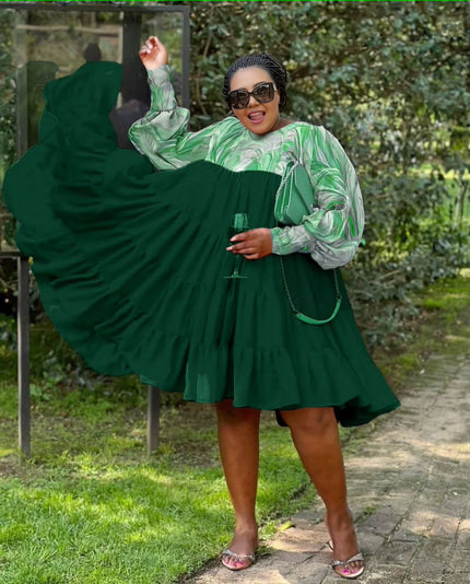Elegant Outdoor Event-Styled Dress with Bishop Sleeves and Pleated Skirt