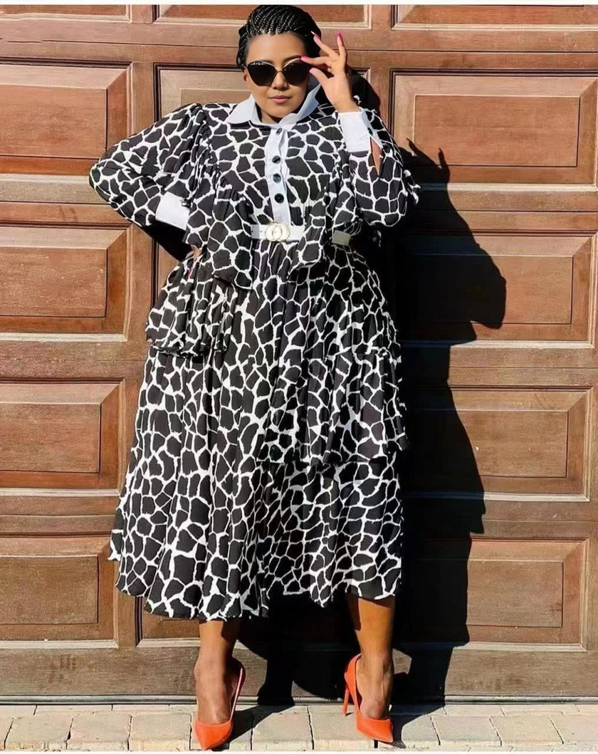 Plus size giraffe-print dress with long puff sleeves, black and white pattern
