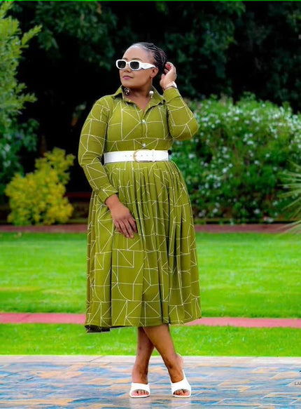 Belted geometric midi dress with long sleeves, green and white pattern