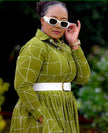 Geometric Patterned Long-Sleeve Belted Knee-Length Dress