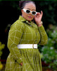 Geometric Patterned Long-Sleeve Belted Knee-Length Dress