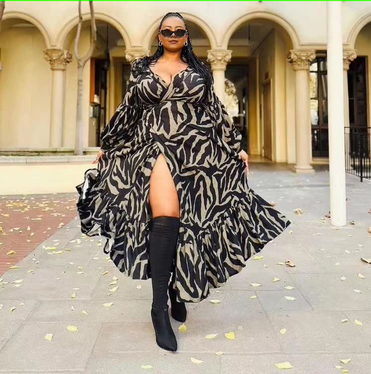 Zebra-print maxi dress with high slit and V-neck, black and white
