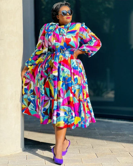 Plus size floral A-line dress, puff sleeves, waist belt, colorful print
