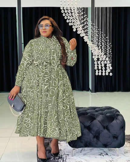 Printed belted flare midi dress in olive green with light abstract shapes