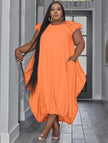 Dark-orange plus size midi dress with ruffle sleeves and gathered hem