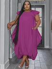Purple plus size midi dress with ruffle sleeves and side pocket detail