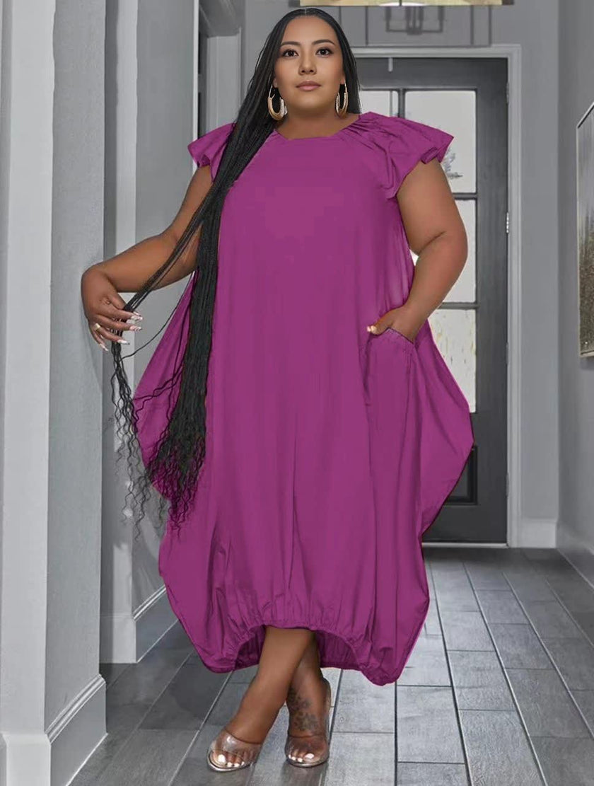 Purple plus size midi dress with ruffle sleeves and side pocket detail