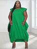 Forest-green plus size midi dress with ruffle sleeves and gathered skirt