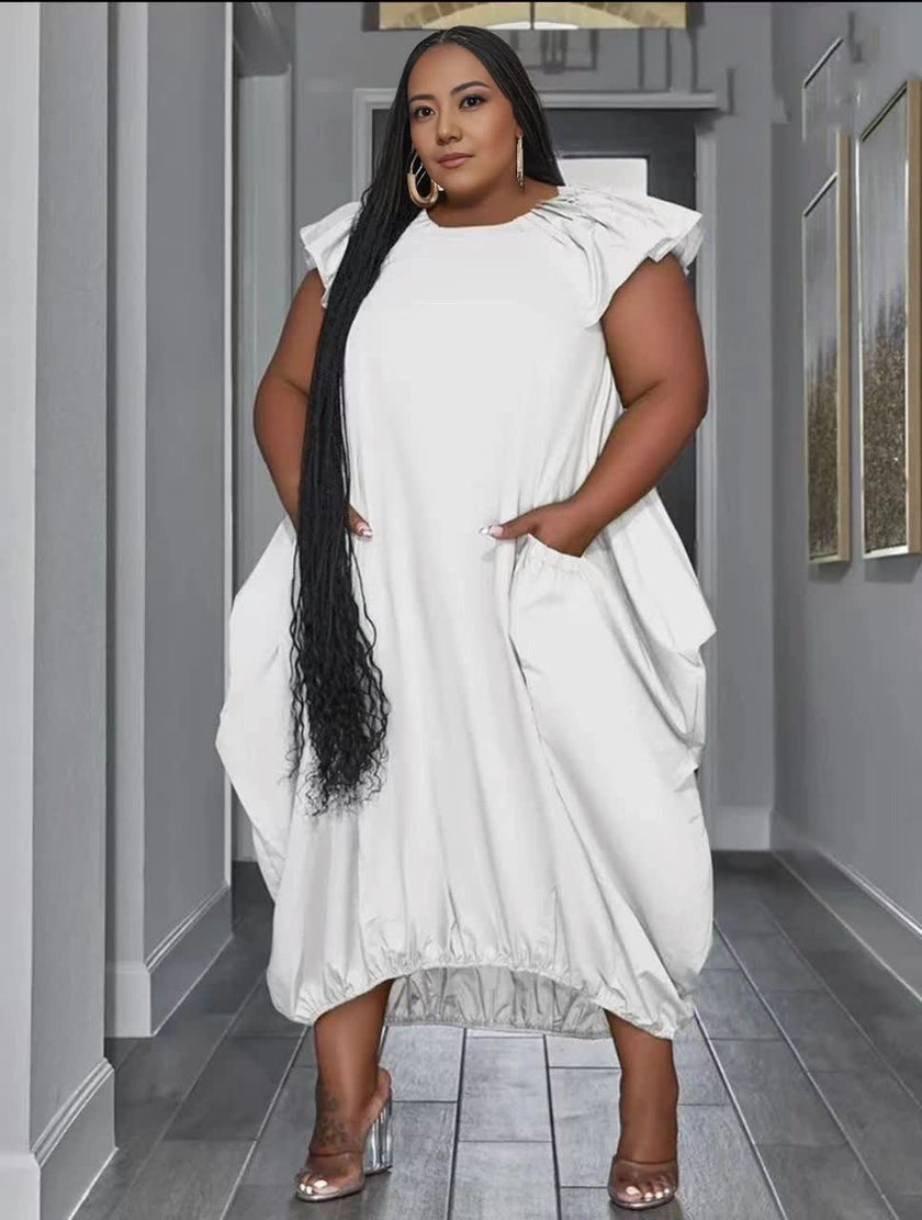 White plus size midi dress with ruffle sleeves and side pocket