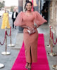 Light-pink midi evening dress with square neckline and voluminous puff sleeves