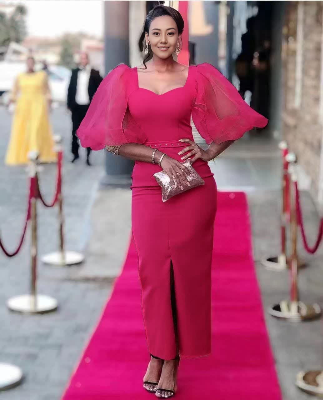 Deep-pink midi evening dress with square neckline and puff sleeves