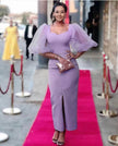 Lavender midi evening dress with square neckline and sheer puff sleeves