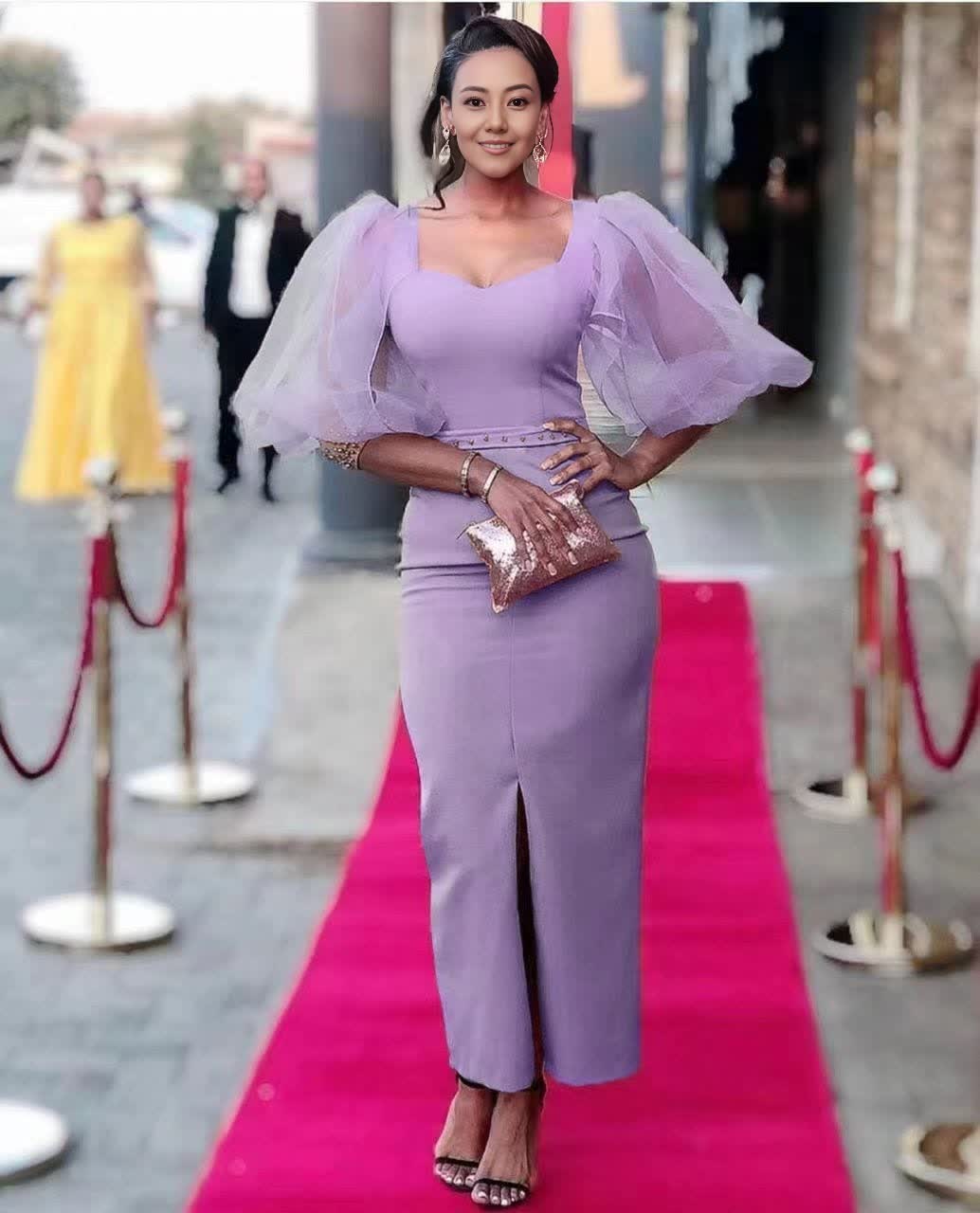 Lavender midi evening dress with square neckline and sheer puff sleeves