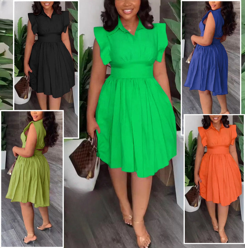 A-line knee dress with cinched waist, sleeveless V-neck and pleated skirt