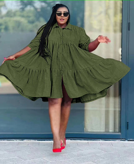 Ruffle hem shirt dress in dark green, long sleeves and flared skirt