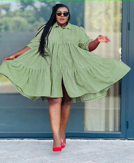 Ruffle hem shirt dress in light green, gathered neckline and tiered ruffle hem