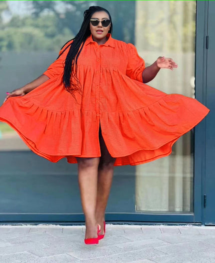 Ruffle hem shirt dress in orange-red, button-front with full ruffle hem