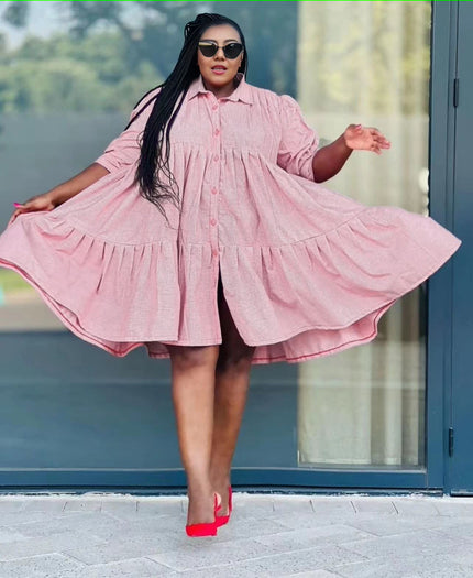 Short-Sleeve Button-Up Dress with Flared Ruffle Hemline