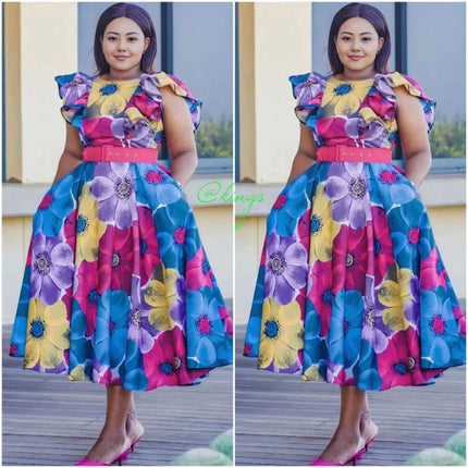 Floral ruffle midi dress with belted waist, multicolor blue pink yellow floral