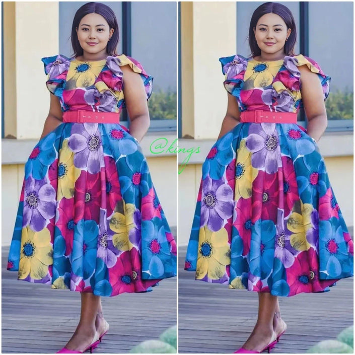 Floral ruffle midi dress with belted waist, multicolor blue pink yellow floral