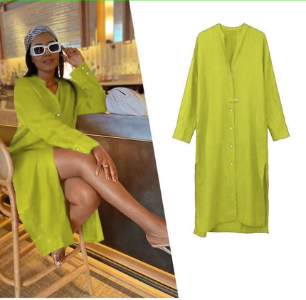 Lime green midi shirt dress with V-neck, button front, and three-quarter sleeves