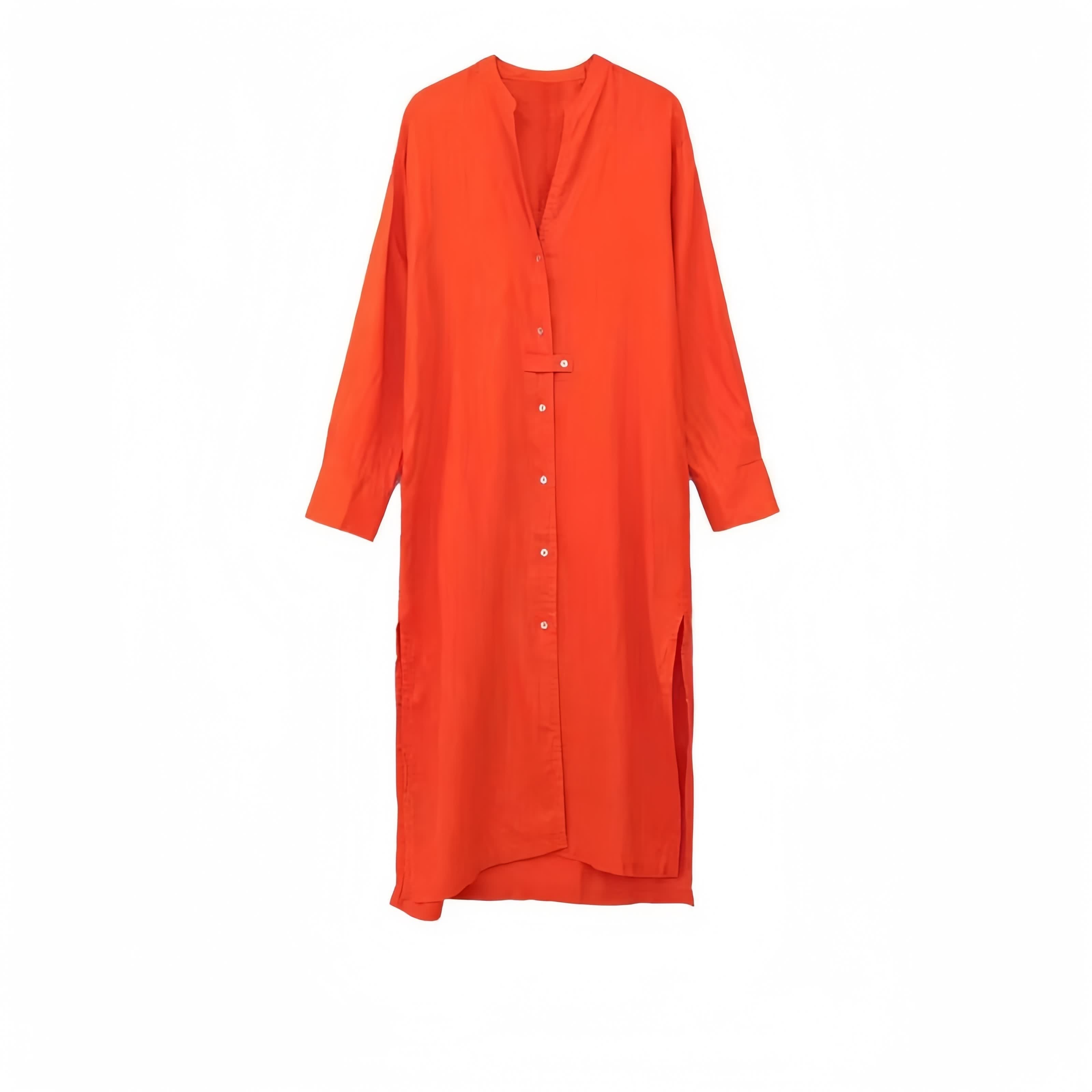 Orange midi shirt dress with V-neck, button front, and three-quarter sleeves