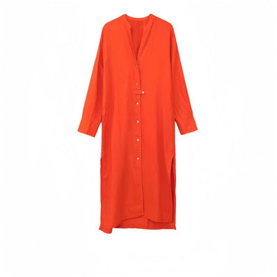 Orange midi shirt dress with V-neck, button front, and three-quarter sleeves